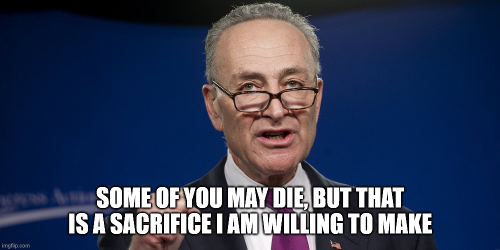 chuck Schumer | SOME OF YOU MAY DIE, BUT THAT IS A SACRIFICE I AM WILLING TO MAKE | image tagged in chuck schumer | made w/ Imgflip meme maker