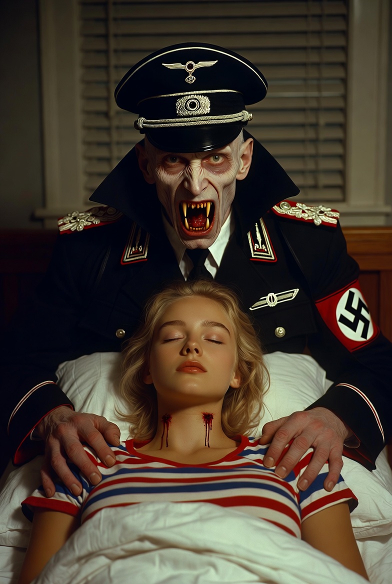 Nazi vampire sucking blood from American woman bed Blank Meme Template
