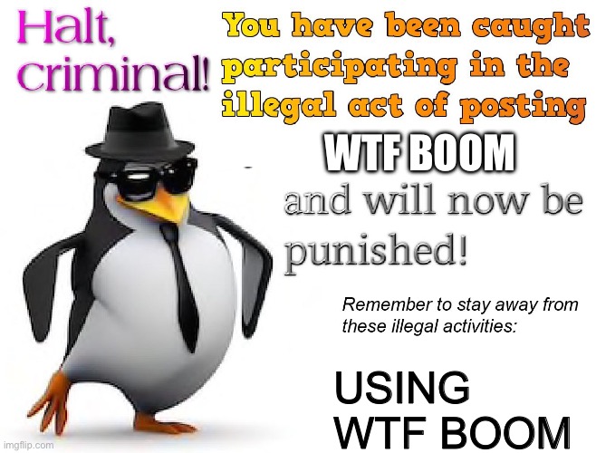 Necessary meme | WTF BOOM; USING WTF BOOM | image tagged in halt criminal,misophonia,he's doing something illegal,sound effect | made w/ Imgflip meme maker
