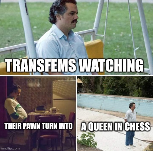 Playing chess as a trans girl be like | TRANSFEMS WATCHING; A QUEEN IN CHESS; THEIR PAWN TURN INTO | image tagged in memes,sad pablo escobar,chess | made w/ Imgflip meme maker