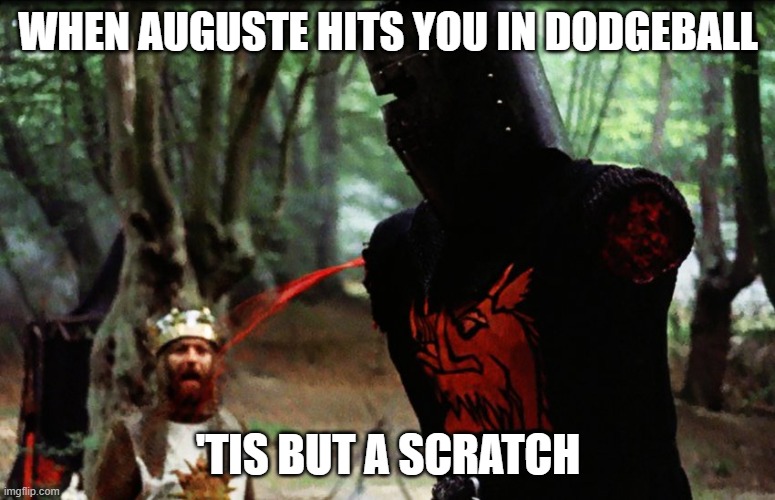 Monty Python Black Knight | WHEN AUGUSTE HITS YOU IN DODGEBALL; 'TIS BUT A SCRATCH | image tagged in monty python black knight | made w/ Imgflip meme maker