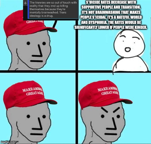 People just need to be kinder and more supportive (TW: suicide, transphobia) | S*UICIDE RATES DECREASE WITH SUPPORTIVE PEOPLE AND TRANSITION. IT'S NOT BRAINWASHING THAT MAKES PEOPLE S*ICIDAL, IT'S A HATEFUL WORLD AND DYSPHORIA. THE RATES WOULD BE SIGNIFICANTLY LOWER IF PEOPLE WERE KINDER. | image tagged in maga npc an an0nym0us template | made w/ Imgflip meme maker