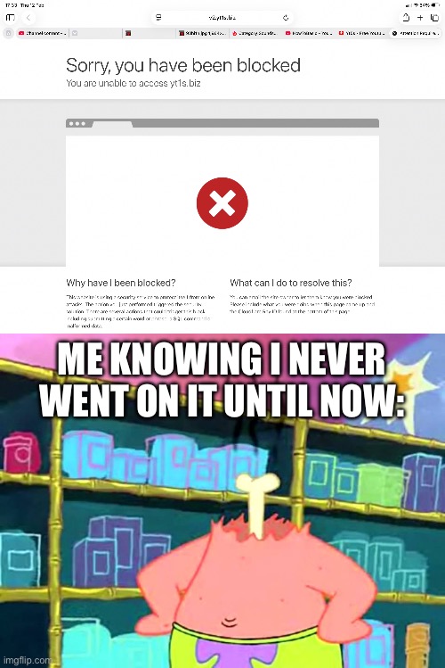 They take me for stupid?? | ME KNOWING I NEVER WENT ON IT UNTIL NOW: | image tagged in patrick i don't get it,blocked,website,yt5s,they don't know | made w/ Imgflip meme maker