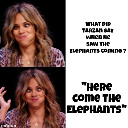 Hot Halle Berry | What did Tarzan say when he saw the Elephants coming ? "Here come the Elephants" | image tagged in hot halle berry | made w/ Imgflip meme maker