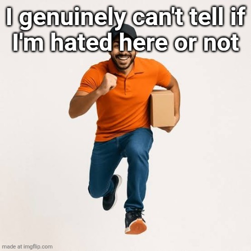 am I? | I genuinely can't tell if
I'm hated here or not | image tagged in delivery man running | made w/ Imgflip meme maker