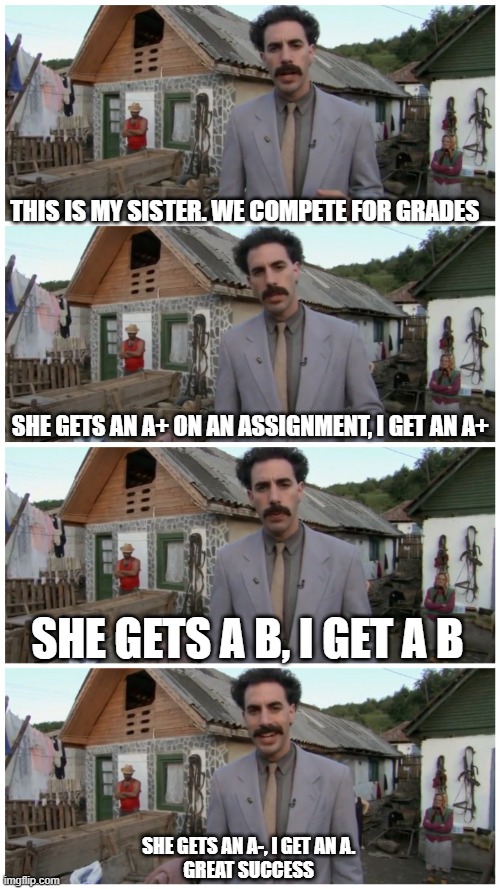 compete with grades | THIS IS MY SISTER. WE COMPETE FOR GRADES; SHE GETS AN A+ ON AN ASSIGNMENT, I GET AN A+; SHE GETS A B, I GET A B; SHE GETS AN A-, I GET AN A. 
GREAT SUCCESS | image tagged in borat neighbour | made w/ Imgflip meme maker