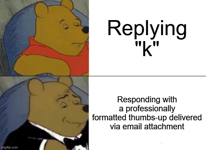 Long Response | Replying "k"; Responding with a professionally formatted thumbs-up delivered via email attachment | image tagged in memes,tuxedo winnie the pooh | made w/ Imgflip meme maker