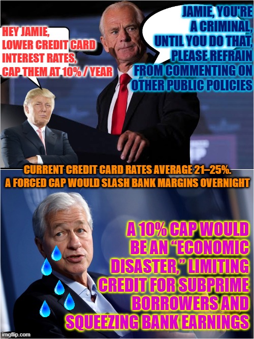 JPMorgan’s shares dropped after Peter Navarro called Jamie Dimon a “criminal” and demanded lower credit card rates | JAMIE, YOU'RE A CRIMINAL, UNTIL YOU DO THAT, PLEASE REFRAIN FROM COMMENTING ON OTHER PUBLIC POLICIES; HEY JAMIE, LOWER CREDIT CARD INTEREST RATES, 
CAP THEM AT 10% / YEAR; A 10% CAP WOULD BE AN “ECONOMIC DISASTER,” LIMITING CREDIT FOR SUBPRIME BORROWERS AND SQUEEZING BANK EARNINGS; CURRENT CREDIT CARD RATES AVERAGE 21–25%. A FORCED CAP WOULD SLASH BANK MARGINS OVERNIGHT | image tagged in jpmorgan,jamie dimon,peter navarro,donald trump,credit card rates | made w/ Imgflip meme maker