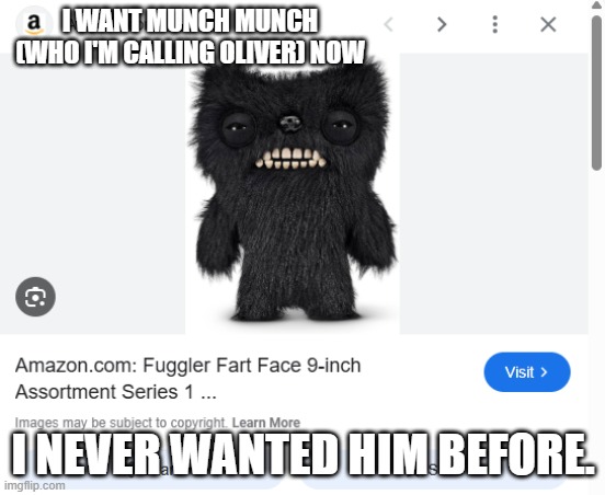 I want Munch Munch the Fuggler now | I WANT MUNCH MUNCH (WHO I'M CALLING OLIVER) NOW; I NEVER WANTED HIM BEFORE. | image tagged in i want munch munch who i'm calling oliver now | made w/ Imgflip meme maker