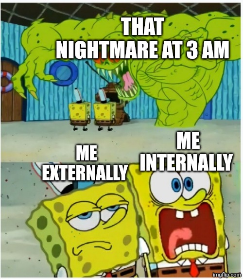 SpongeBob SquarePants scared but also not scared | THAT NIGHTMARE AT 3 AM; ME INTERNALLY; ME EXTERNALLY | image tagged in spongebob squarepants scared but also not scared | made w/ Imgflip meme maker