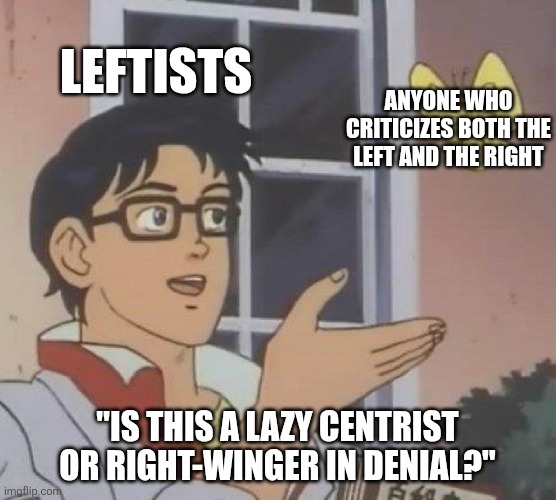 Leftists can't take critism or a nuanced view | LEFTISTS; ANYONE WHO CRITICIZES BOTH THE LEFT AND THE RIGHT; "IS THIS A LAZY CENTRIST OR RIGHT-WINGER IN DENIAL?" | image tagged in memes,is this a pigeon,liberal logic,stupid liberals | made w/ Imgflip meme maker