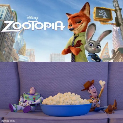 Woody and Buzz (Toy Story) watching Zootopia (2016) | image tagged in woody and buzz toy story watches which movie or show,disney,pixar,toy story,zootopia,memes | made w/ Imgflip meme maker