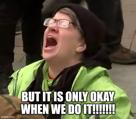 Crying liberal | BUT IT IS ONLY OKAY WHEN WE DO IT!!!!!!! | image tagged in crying liberal | made w/ Imgflip meme maker