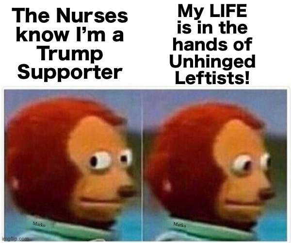 They never play fair. Matter of fact, nothing Lefty do is fair | My LIFE
is in the
hands of
Unhinged
Leftists! The Nurses
know I’m a
Trump
Supporter; Marko; Marko | image tagged in memes,monkey puppet,kissmyassyouleftypukes,despicable deranged deviant dependents,fjb voters r the vilest | made w/ Imgflip meme maker