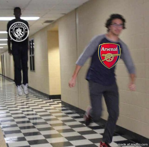 Brentford 1 Arsenal 1. City are chasing the Gooners. AGAIN!!!!!!! | image tagged in floating boy chasing running boy,manchester city,arsenal,premier league,sports | made w/ Imgflip meme maker