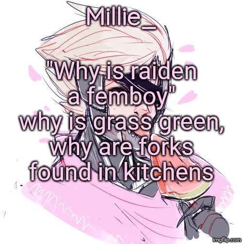 Millie's Metal Gear Rising: Revengeance announcement template | "Why is raiden a femboy" why is grass green, why are forks found in kitchens | image tagged in millie's metal gear rising revengeance announcement template | made w/ Imgflip meme maker