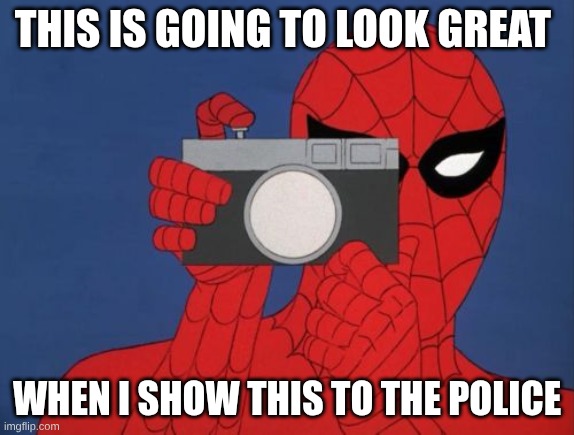 Spiderman Camera Meme | THIS IS GOING TO LOOK GREAT WHEN I SHOW THIS TO THE POLICE | image tagged in memes,spiderman camera,spiderman | made w/ Imgflip meme maker