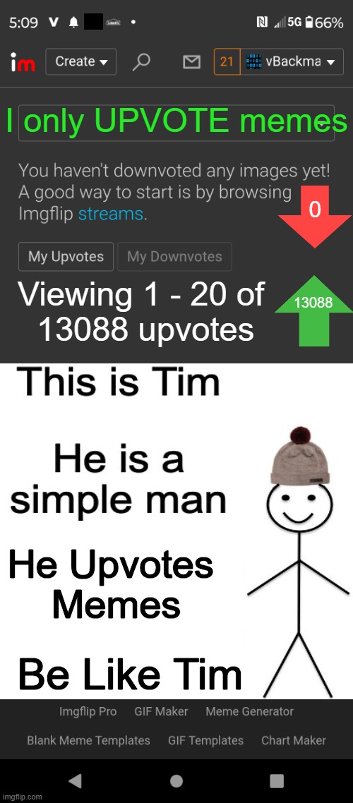 PSA to be positive, not negative & upvote memes (you don't have to upvote this meme). | I only UPVOTE memes; 0; Viewing 1 - 20 of 
13088 upvotes; 13088; He Upvotes 
Memes; Be Like Tim | image tagged in imgflip points,upvotes,points,up with upvotes week,public service announcement,be like | made w/ Imgflip meme maker