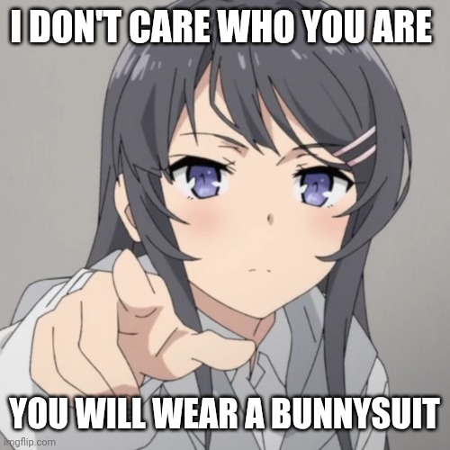 Sakurajima Mai | I DON'T CARE WHO YOU ARE; YOU WILL WEAR A BUNNYSUIT | image tagged in sakurajima mai | made w/ Imgflip meme maker