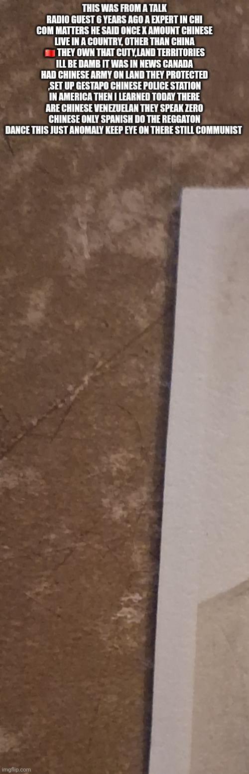 Venezuela situation has just got scarier, Silent chicoms near you | THIS WAS FROM A TALK RADIO GUEST 6 YEARS AGO A EXPERT IN CHI COM MATTERS HE SAID ONCE X AMOUNT CHINESE LIVE IN A COUNTRY, OTHER THAN CHINA 🇨🇳 THEY OWN THAT CUTY,LAND TERRITORIES ILL BE DAMB IT WAS IN NEWS CANADA HAD CHINESE ARMY ON LAND THEY PROTECTED ,SET UP GESTAPO CHINESE POLICE STATION IN AMERICA THEN I LEARNED TODAY THERE ARE CHINESE VENEZUELAN THEY SPEAK ZERO CHINESE ONLY SPANISH DO THE REGGATON DANCE THIS JUST ANOMALY KEEP EYE ON THERE STILL COMMUNIST | image tagged in wtf,venezuela | made w/ Imgflip meme maker