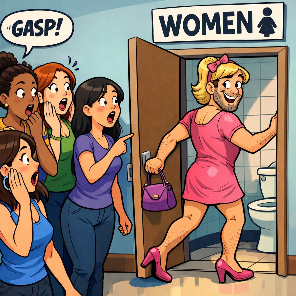 An obvious male in female clothing entering a women's restroom, Blank Meme Template