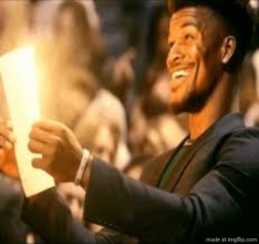 Jimmy Butler and the Golden Page | image tagged in jimmy butler happy | made w/ Imgflip meme maker