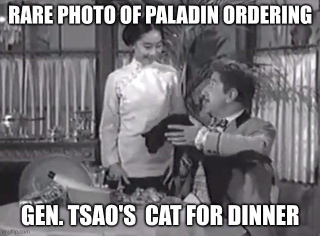 General Tsao's Cat | RARE PHOTO OF PALADIN ORDERING; GEN. TSAO'S  CAT FOR DINNER | image tagged in paladin,hey girl | made w/ Imgflip meme maker