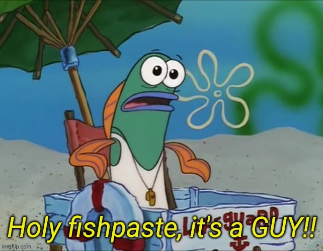 Holy fishpaste, it's a guy! | image tagged in holy fishpaste it's a guy | made w/ Imgflip meme maker