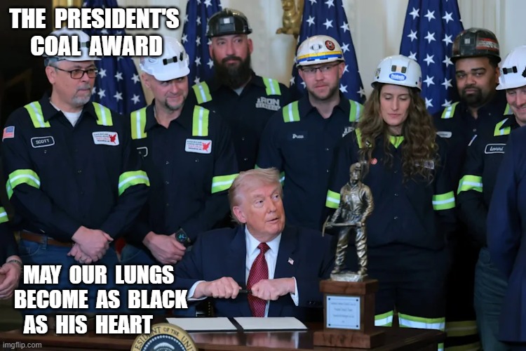 Fossils Are as Fossils Do | THE  PRESIDENT'S  COAL  AWARD; MAY  OUR  LUNGS  BECOME  AS  BLACK  AS  HIS  HEART | image tagged in fossil fuel | made w/ Imgflip meme maker