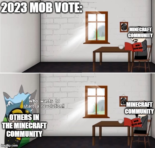 Mob vote 2023 | 2023 MOB VOTE:; MINECRAFT COMMUNITY; ■; MOB VOTE 2023; MINECRAFT COMMUNITY; OTHERS IN THE MINECRAFT COMMUNITY; ■; MOB VOTE 2023 | image tagged in who wants to start a revolution,minecraft,revolution,oversimplified | made w/ Imgflip meme maker