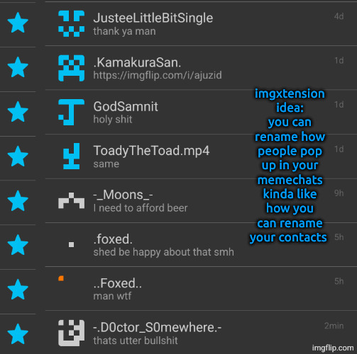 only like 7 ppl i know even use imgxtension but it'd be so funny | imgxtension idea: you can rename how people pop up in your memechats kinda like how you can rename your contacts | made w/ Imgflip meme maker