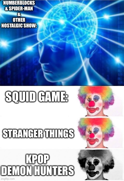 NUMBERBLOCKS & SPIDER-MAN & OTHER NOSTALGIC SHOW:; SQUID GAME:; STRANGER THINGS; KPOP DEMON HUNTERS | image tagged in galaxy brain,clown applying makeup ext | made w/ Imgflip meme maker