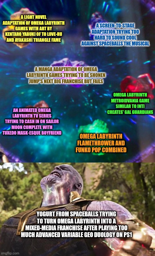Thanos Infinity Stones | A LIGHT NOVEL ADAPTATION OF OMEGA LABYRINTH GAMES WITH ART BY KENTARO YABUKI OF TO LOVE-RU AND AYAKASHI TRIANGLE FAME; A SCREEN-TO-STAGE ADAPTATION TRYING TOO HARD TO SOUND COOL AGAINST SPACEBALLS THE MUSICAL; A MANGA ADAPTATION OF OMEGA LABYRINTH GAMES TRYING TO BE SHONEN JUMP'S NEXT BIG FRANCHISE BUT FAILS; OMEGA LABYRINTH METROIDVANIA GAME SIMILAR TO INTI CREATES' GAL GUARDIANS; AN ANIMATED OMEGA LABYRINTH TV SERIES TRYING TO CASH IN ON SAILOR MOON COMPLETE WITH TUXEDO MASK-ESQUE BOYFRIEND; OMEGA LABYRINTH FLAMETHROWER AND FUNKO POP COMBINED; YOGURT FROM SPACEBALLS TRYING TO TURN OMEGA LABYRINTH INTO A MIXED-MEDIA FRANCHISE AFTER PLAYING TOO MUCH ADVANCED VARIABLE GEO DUOLOGY ON PS1 | image tagged in thanos infinity stones,spaceballs,imagination,omega labyrinth | made w/ Imgflip meme maker