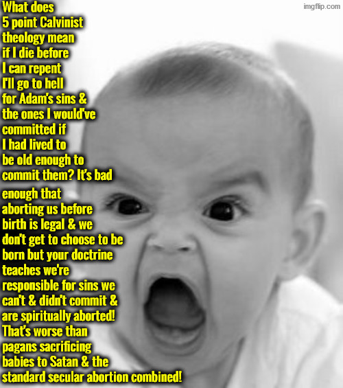 I'd be mad too | image tagged in calvinism,calvinist memes,anti calvinism,reformed theology,babies,angry baby | made w/ Imgflip meme maker