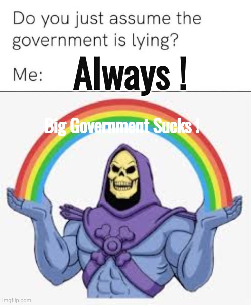 Always assume they're lying says Skeletor | Always ! Big Government Sucks ! | image tagged in skeletor rainbow,liars | made w/ Imgflip meme maker