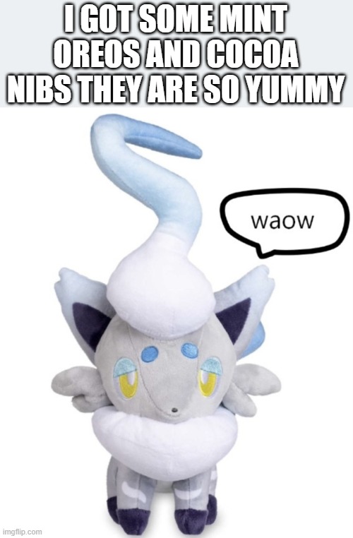 :3 | I GOT SOME MINT OREOS AND COCOA NIBS THEY ARE SO YUMMY | image tagged in waow | made w/ Imgflip meme maker