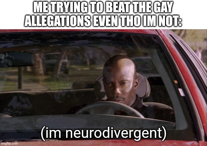 james doakas car meme no hands on wheel template | ME TRYING TO BEAT THE GAY ALLEGATIONS EVEN THO IM NOT:; (im neurodivergent) | image tagged in james doaks car meme template | made w/ Imgflip meme maker