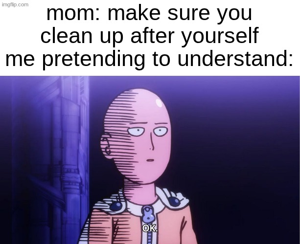 *forgets to clean up* | mom: make sure you clean up after yourself
me pretending to understand: | image tagged in saitama ok,memes,i forgor | made w/ Imgflip meme maker