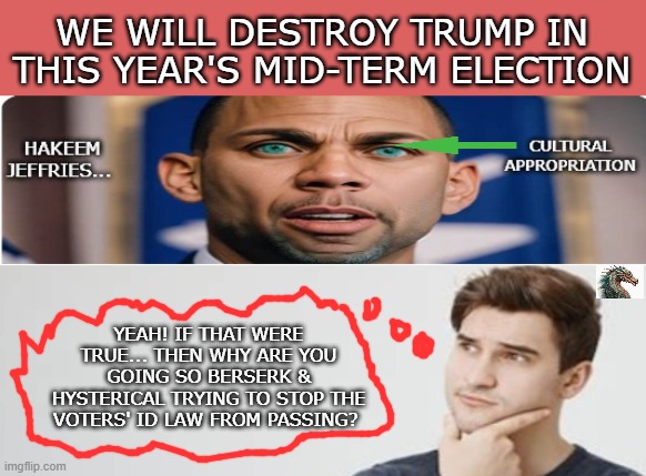 politics | WE WILL DESTROY TRUMP IN THIS YEAR'S MID-TERM ELECTION; YEAH! IF THAT WERE TRUE... THEN WHY ARE YOU GOING SO BERSERK & HYSTERICAL TRYING TO STOP THE VOTERS' ID LAW FROM PASSING? | image tagged in political meme | made w/ Imgflip meme maker