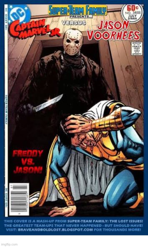 Freddy (Freeman) vs. Jason (Voorhees)… | image tagged in comics,captain marvel jr,jason voorhees,friday the 13th,super team family,crossover | made w/ Imgflip meme maker