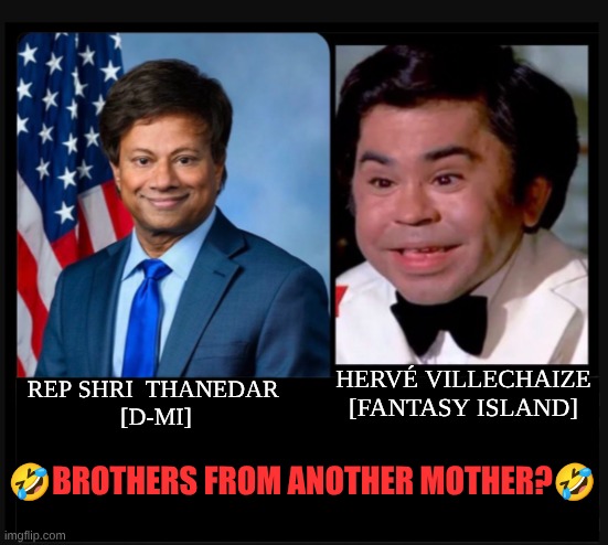 expression memes | HERVÉ VILLECHAIZE [FANTASY ISLAND]; REP SHRI  THANEDAR 
[D-MI]; 🤣BROTHERS FROM ANOTHER MOTHER?🤣 | image tagged in funny memes,politics | made w/ Imgflip meme maker