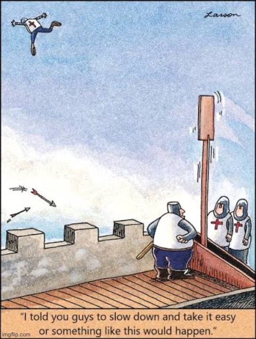 That’s not the first time those guys have done that… | image tagged in the far side,comics,catapult,slow down,take it easy,accident | made w/ Imgflip meme maker