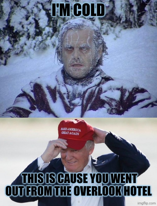 I'M COLD; THIS IS CAUSE YOU WENT OUT FROM THE OVERLOOK HOTEL | image tagged in memes,jack nicholson the shining snow,trump fixes hat | made w/ Imgflip meme maker