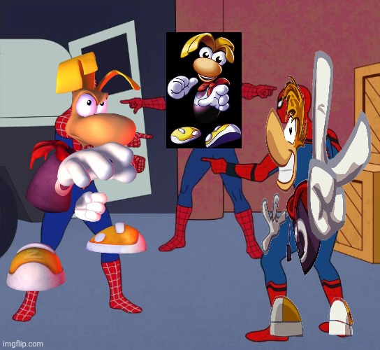 Three Raymen?! | image tagged in spider man triple,rayman,ubisoft,video games | made w/ Imgflip meme maker