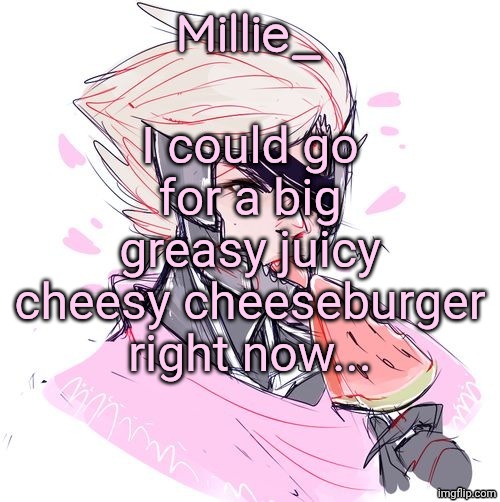 Millie's Metal Gear Rising: Revengeance announcement template | I could go for a big greasy juicy cheesy cheeseburger right now... | image tagged in millie's metal gear rising revengeance announcement template | made w/ Imgflip meme maker