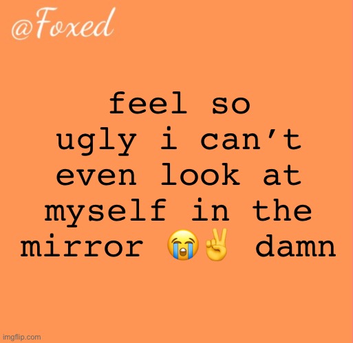 foxed orange temp | feel so ugly i can’t even look at myself in the mirror 😭✌️ damn | image tagged in foxed orange temp | made w/ Imgflip meme maker