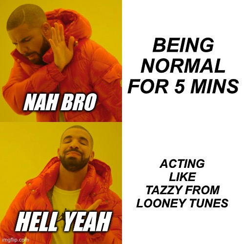 legit my | BEING NORMAL FOR 5 MINS; NAH BRO; ACTING LIKE TAZZY FROM LOONEY TUNES; HELL YEAH | image tagged in memes,drake hotline bling | made w/ Imgflip meme maker