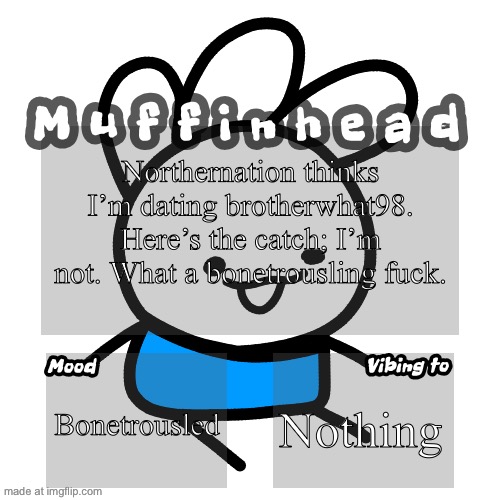 Muffinhead announcement template | Northernation thinks I’m dating brotherwhat98. Here’s the catch; I’m not. What a bonetrousling fuck. Bonetrousled; Nothing | image tagged in muffinhead announcement template | made w/ Imgflip meme maker