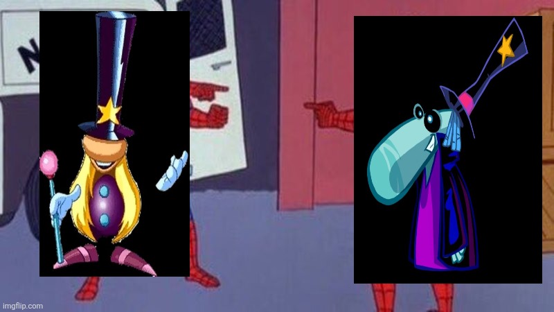 The Magician (1995) vs The Magician (2011) | image tagged in spiderman pointing at spiderman,rayman,magician,ubisoft,video game villains,video games | made w/ Imgflip meme maker
