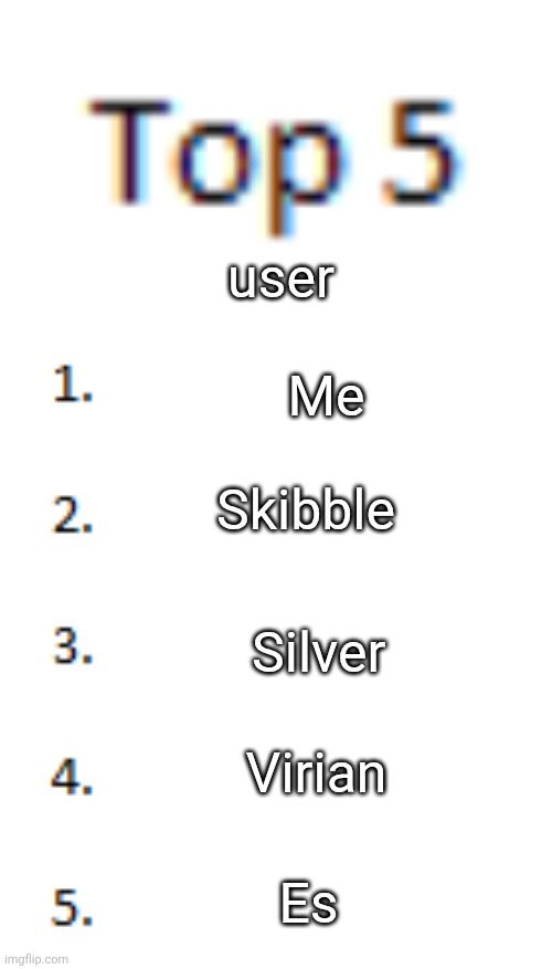 Top 5 List | user; Me; Skibble; Silver; Virian; Es | image tagged in top 5 list | made w/ Imgflip meme maker